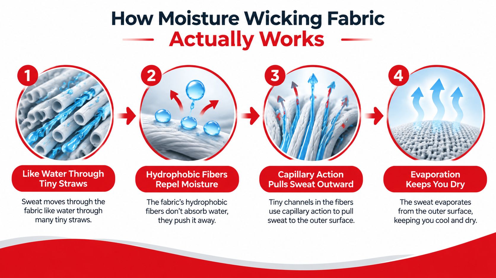 A four-step infographic explaining how moisture wicking fabric pulls sweat away from skin through capillary action.