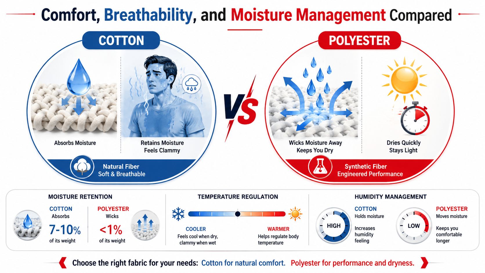 A comparison chart showing differences between cotton and polyester fabric properties regarding moisture, comfort, and breathability.