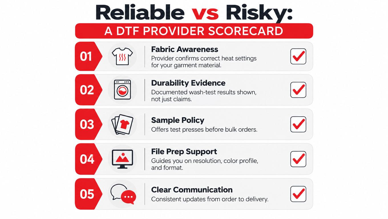 A checklist scorecard titled Reliable vs Risky DTF Provider highlighting five essential criteria for DTF printing services.