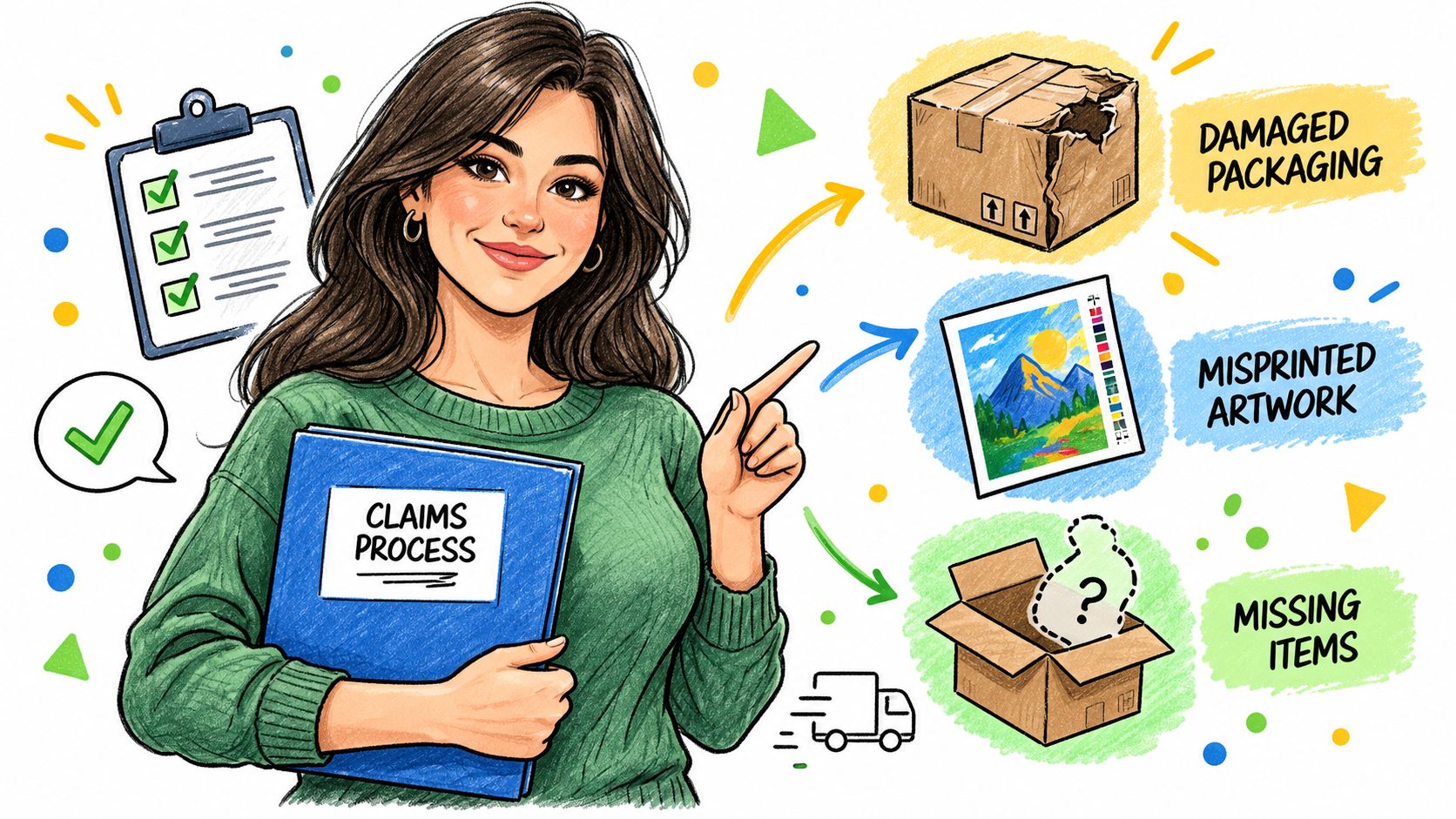 A friendly woman holding a claims process folder, pointing to common shipping issues like damaged goods.