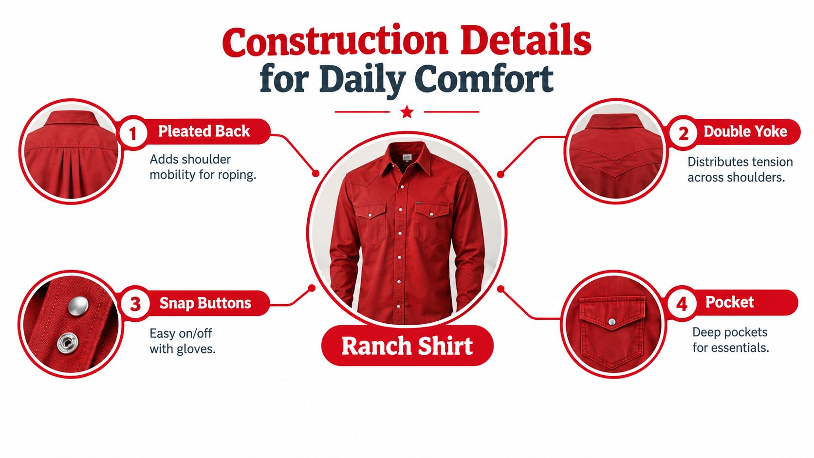 A diagram highlighting the construction details of a red ranch shirt including features like pleats, yokes, and snaps.