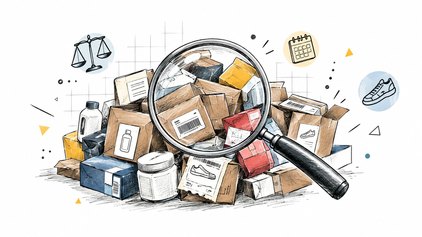 A magnifying glass inspecting a messy pile of various shipping boxes and product containers on a desk.