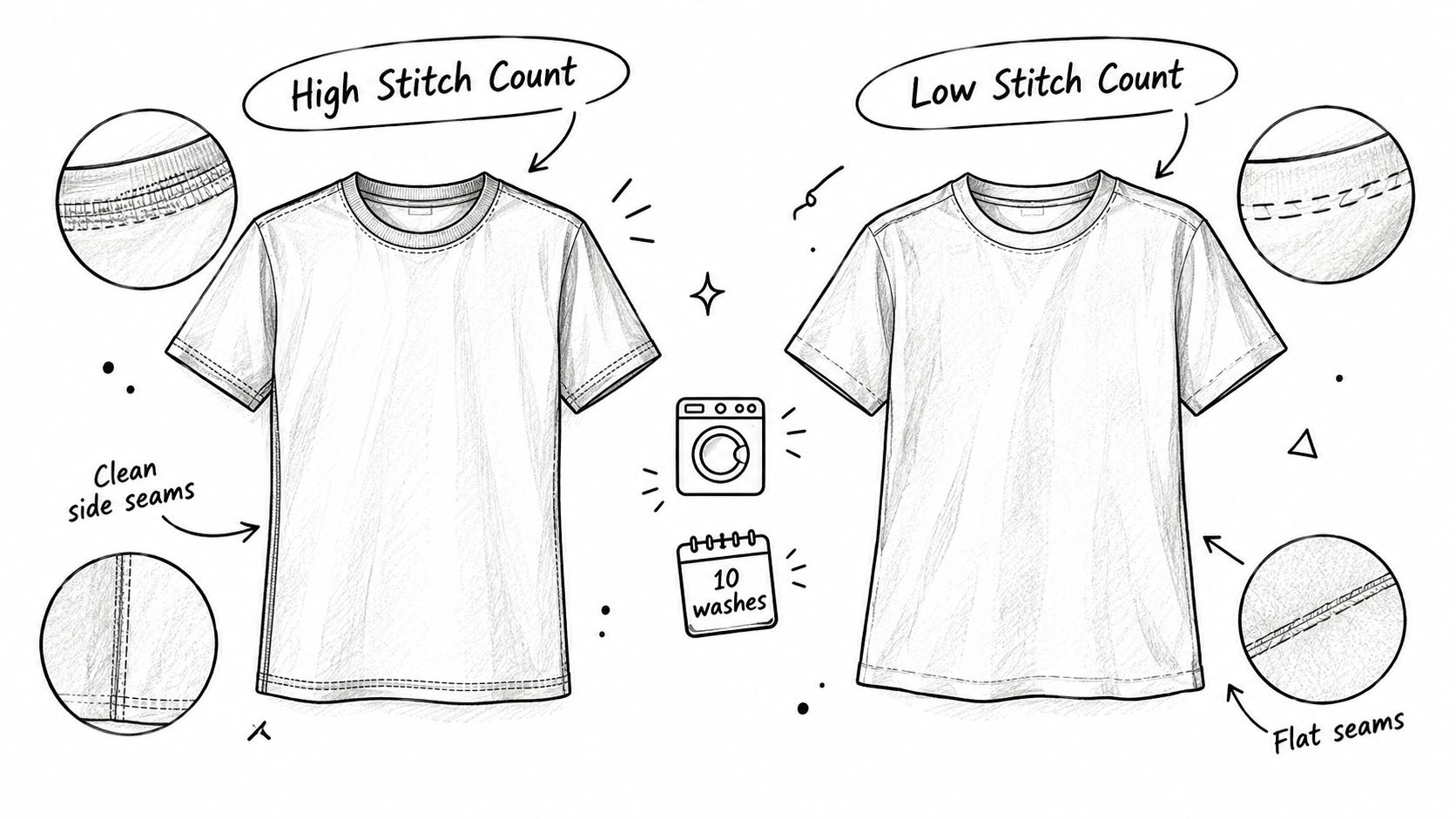 An educational illustration comparing high versus low stitch count quality on two white t-shirts after ten washes.