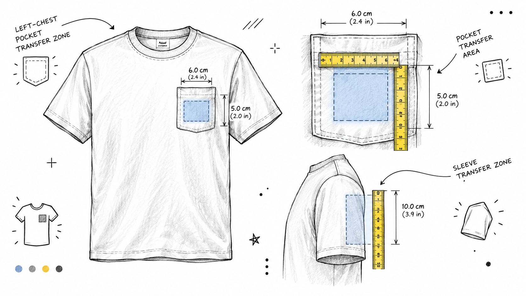 A technical diagram showing the printable transfer areas for pockets and sleeves on a T-shirt.
