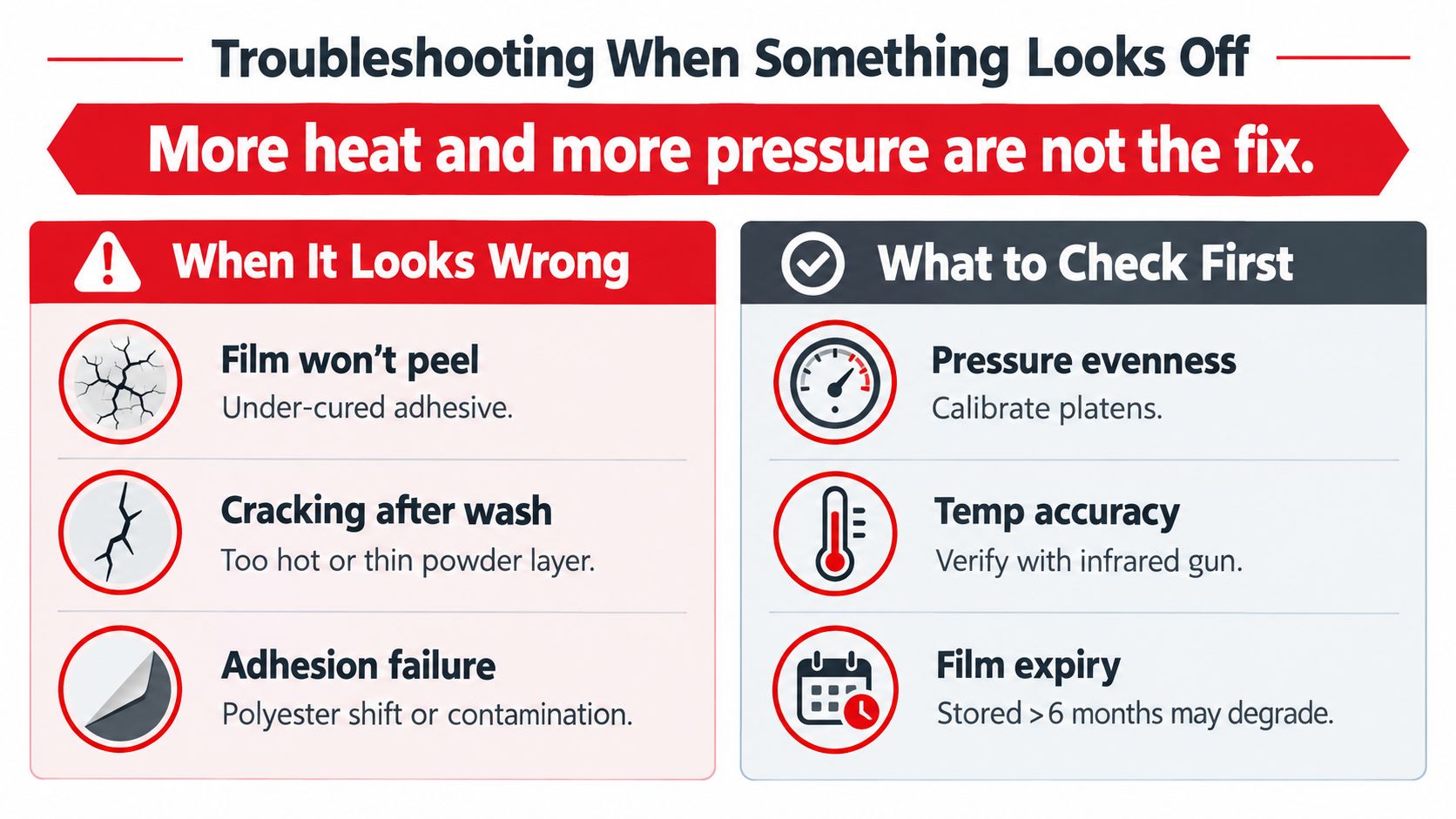 A troubleshooting guide graphic explaining common DTF transfer issues and how to fix them effectively.