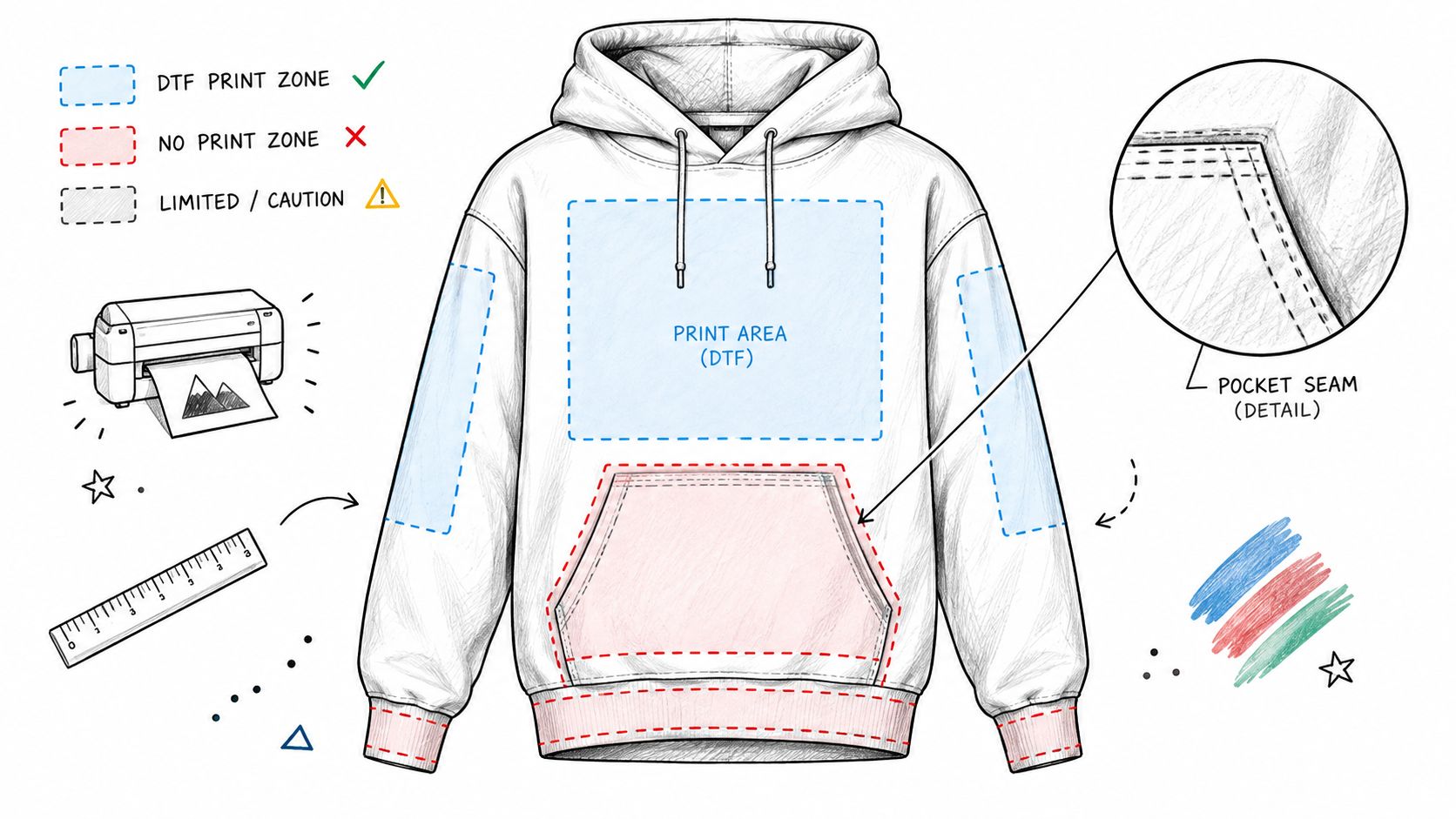 A technical sketch of a hoodie illustrating DTF printing zones, restricted areas, and specific seam details.