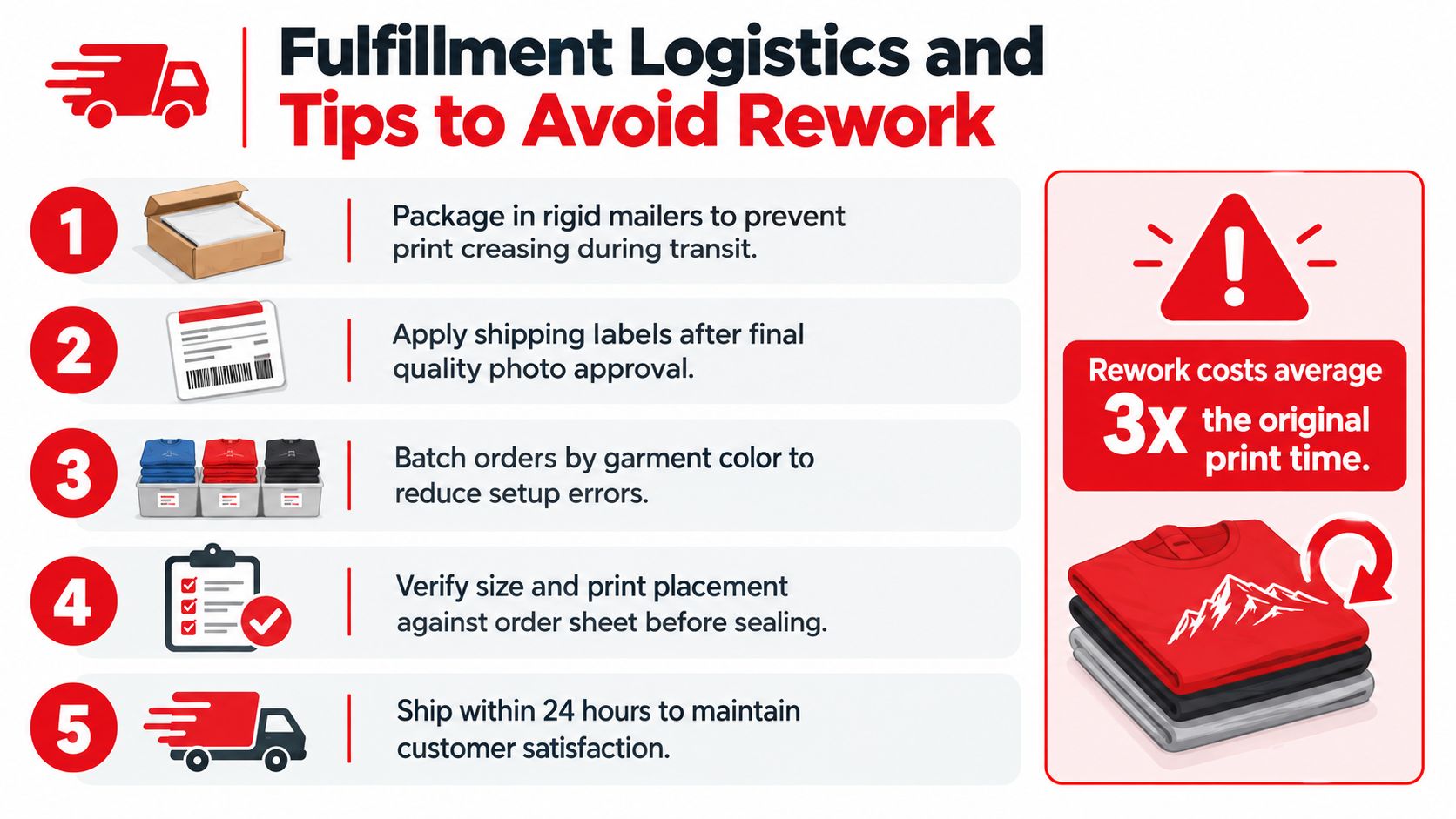 An infographic titled Fulfillment Logistics and Tips to Avoid Rework with five actionable steps for apparel businesses.
