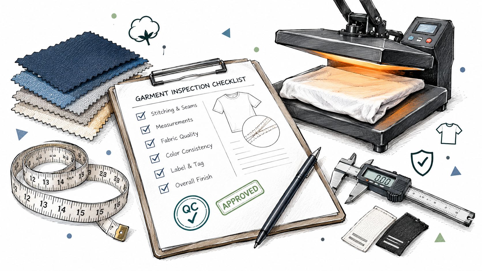 A clipboard with a garment inspection checklist, fabric samples, measuring tape, and a heat press machine.