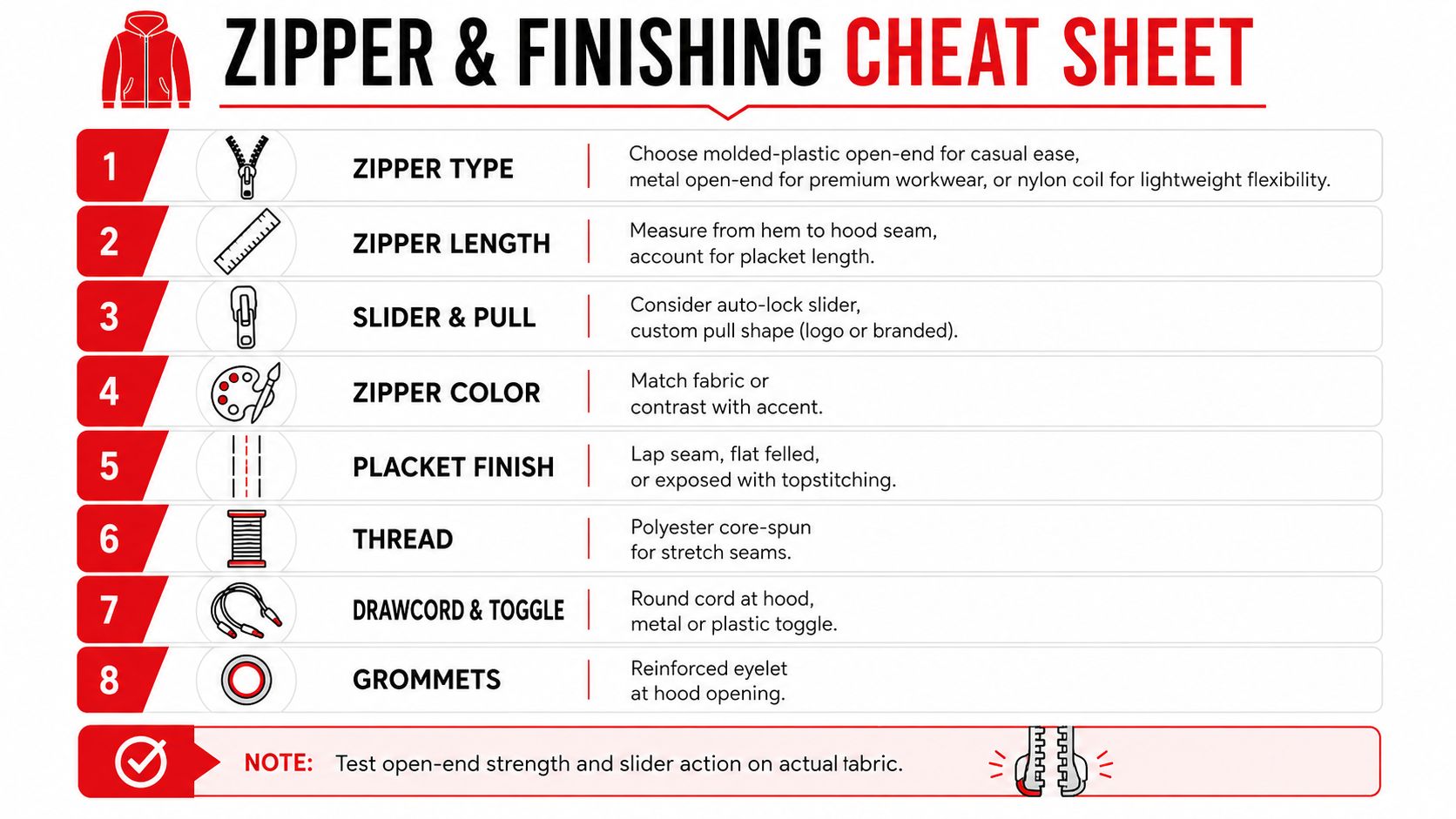 A zipper and finishing cheat sheet for a full zip up hoodie manufacturing guide.