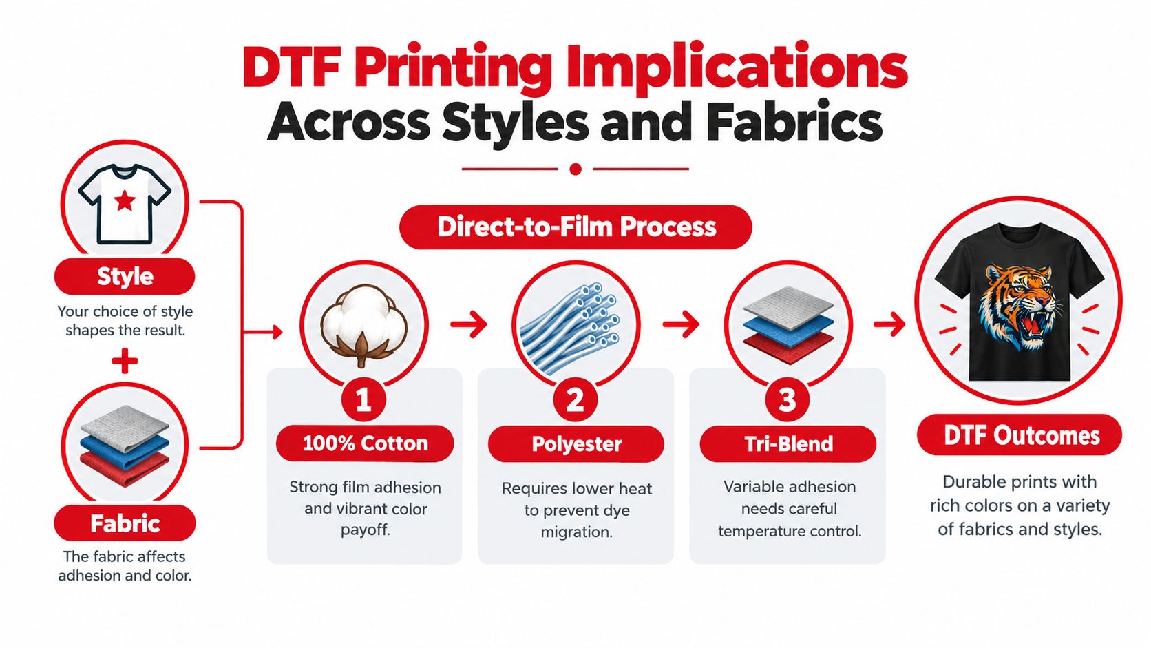 An infographic illustrating DTF printing implications on various fabric types including cotton, polyester, and tri-blend.
