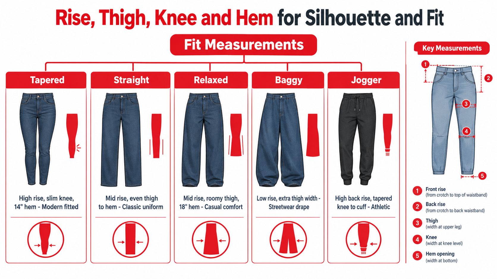 A visual guide explaining the differences in denim and pant fits based on rise, thigh, and hem measurements.