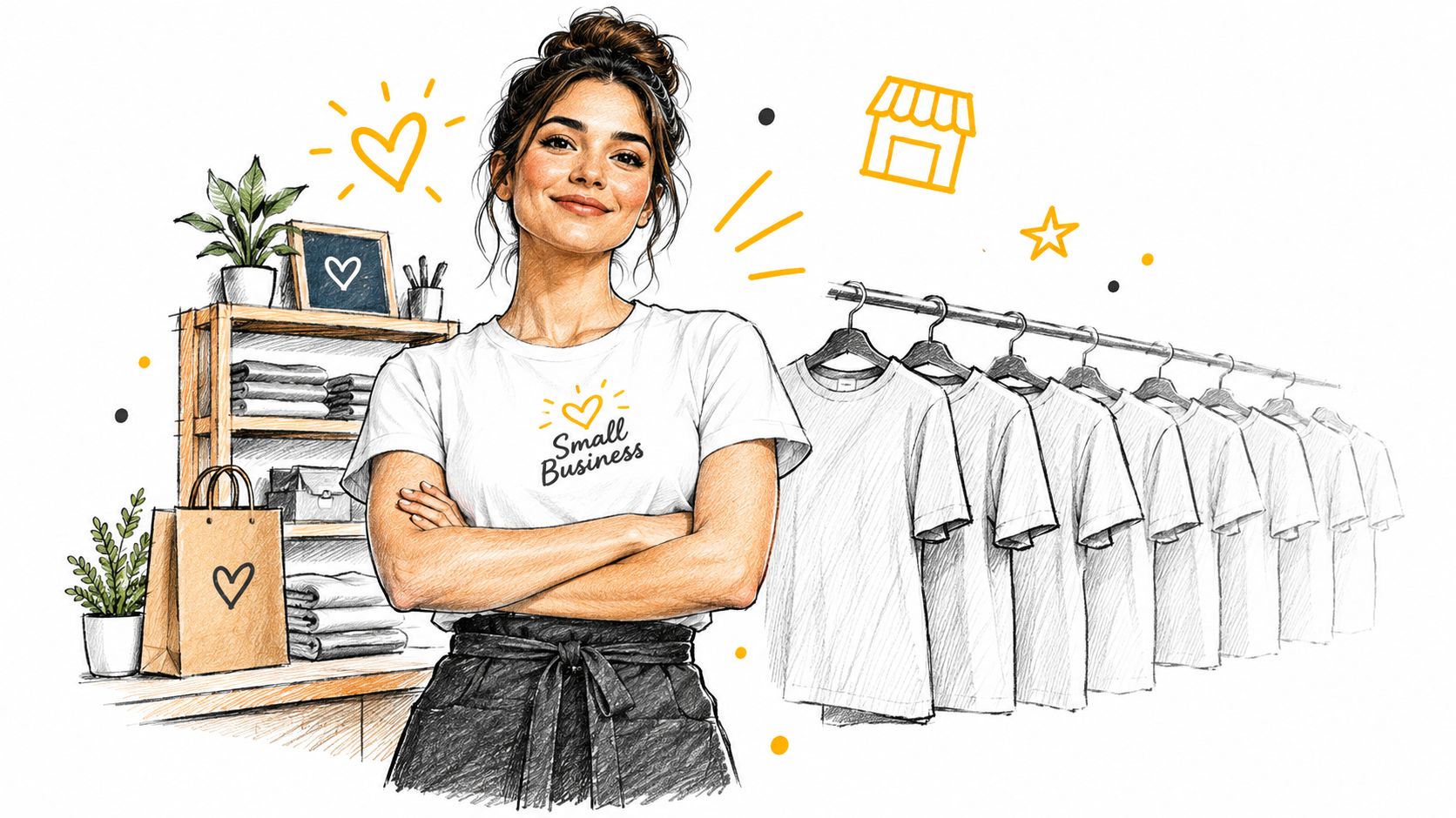 A smiling small business owner standing in front of shelves and a clothing rack with t-shirts.