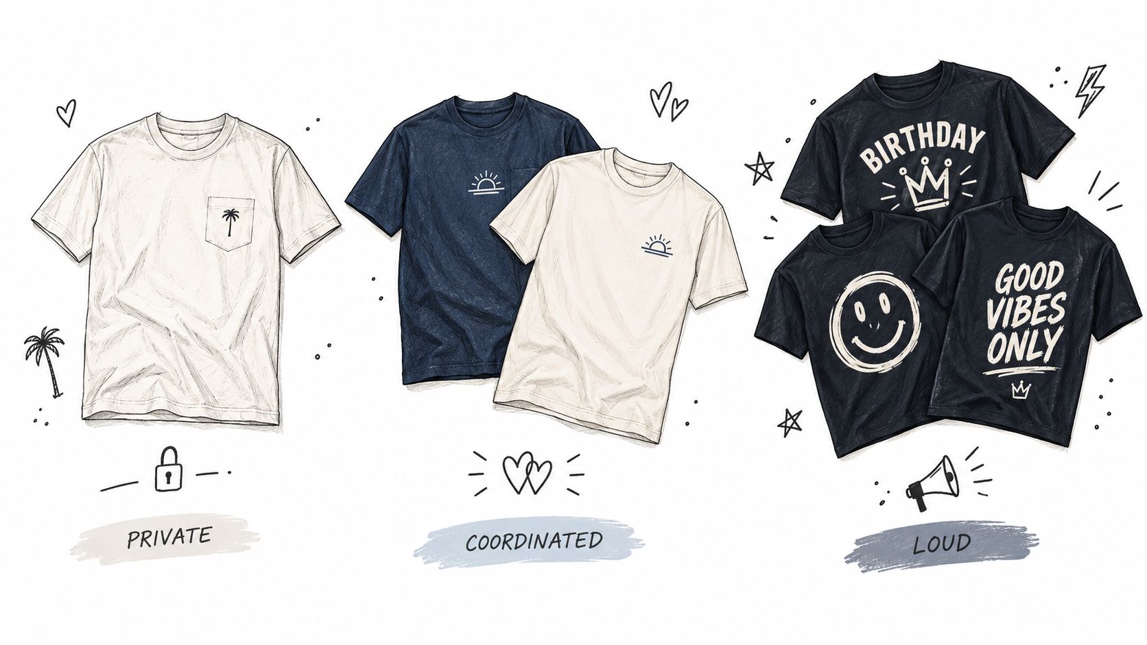 A digital illustration showing three different t-shirt design styles labeled Private, Coordinated, and Loud.