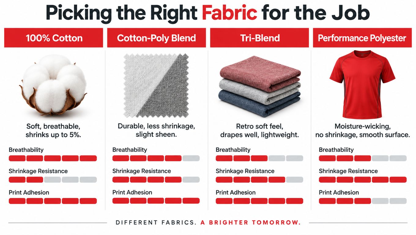An infographic comparing fabric types for custom t-shirts, including 100% cotton, cotton-poly blend, tri-blend, and performance polyester.