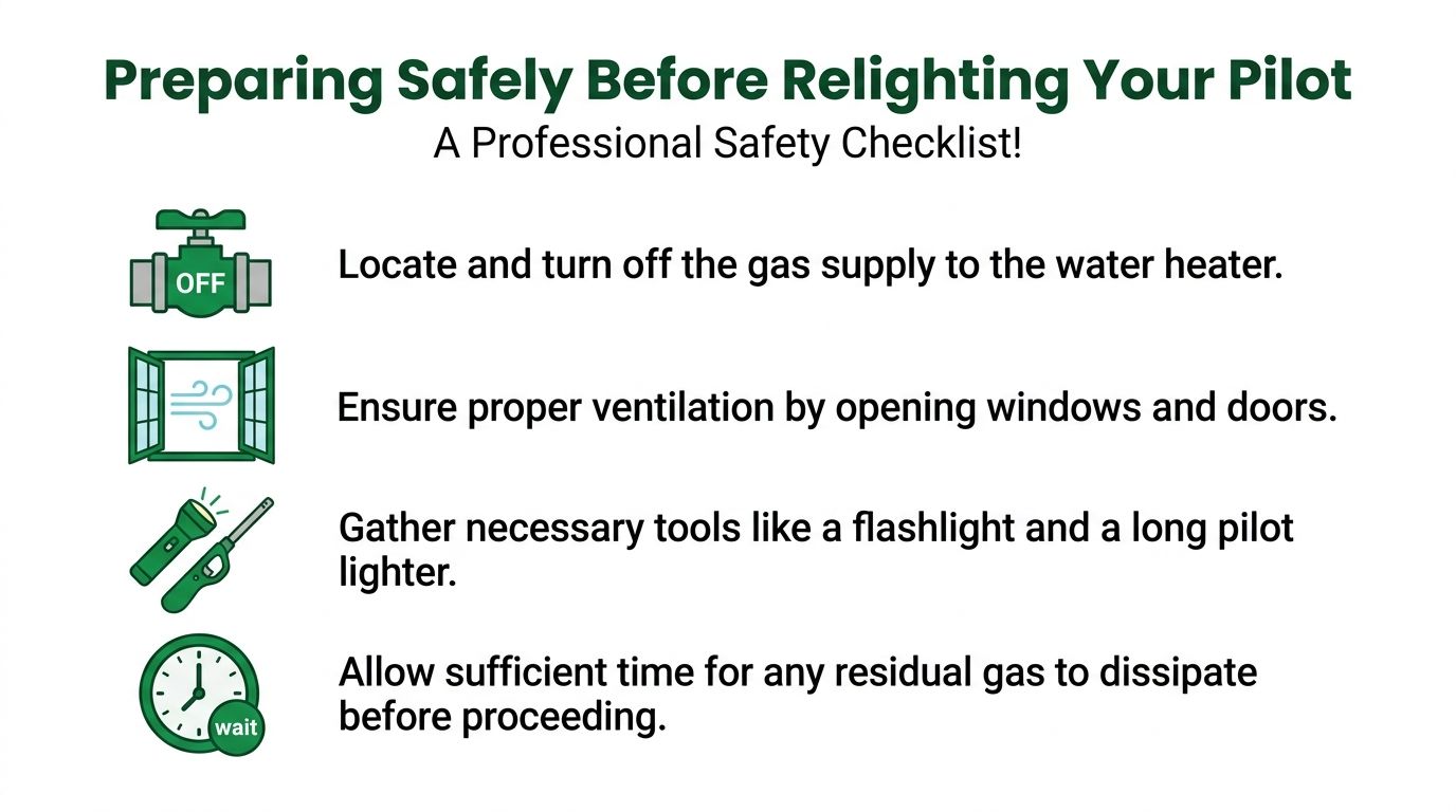 A safety checklist illustration for relighting a water heater pilot light, showing icons and essential instructions.