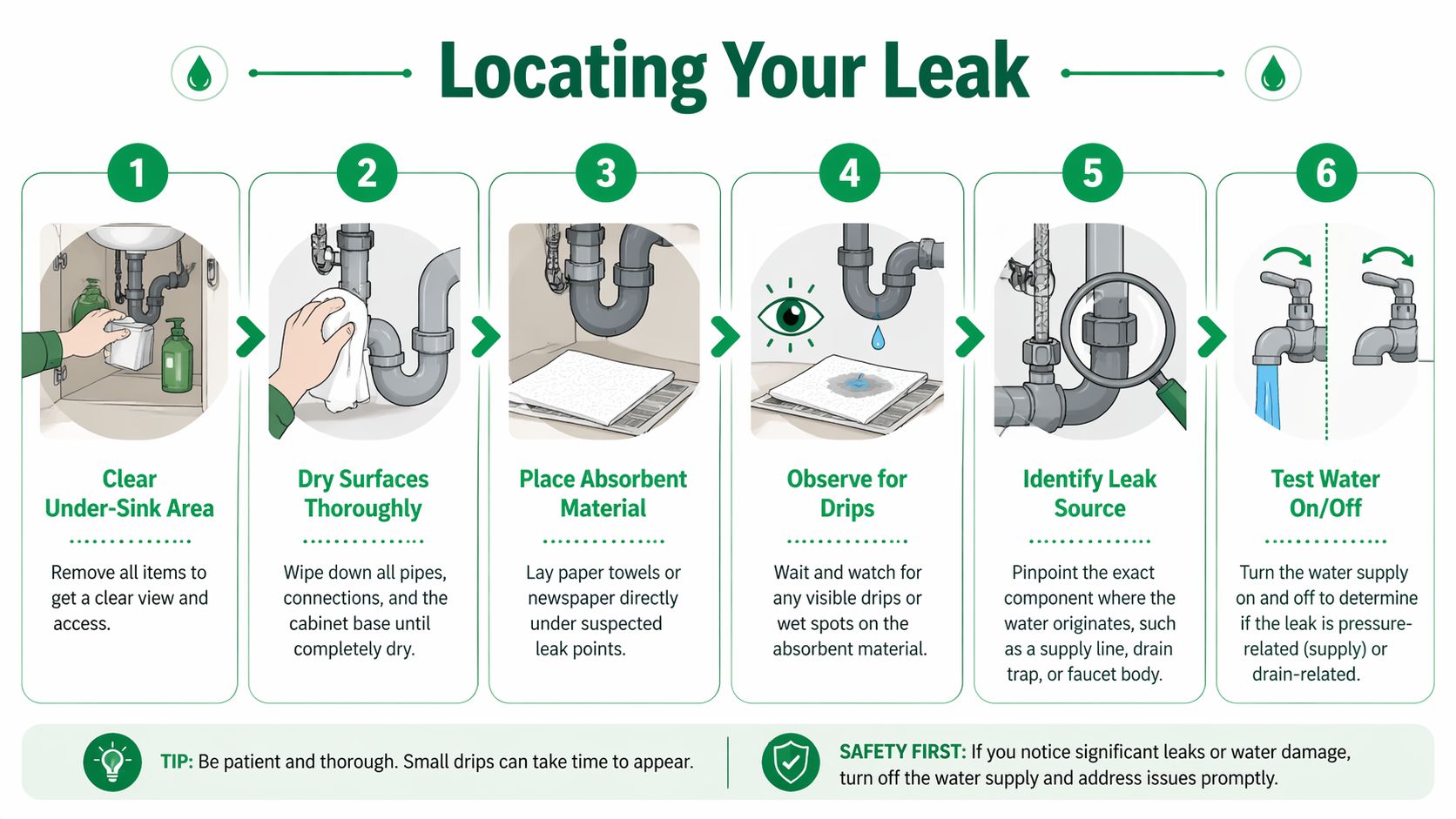A six-step infographic guide on how to locate a water leak under your bathroom sink cabinet.