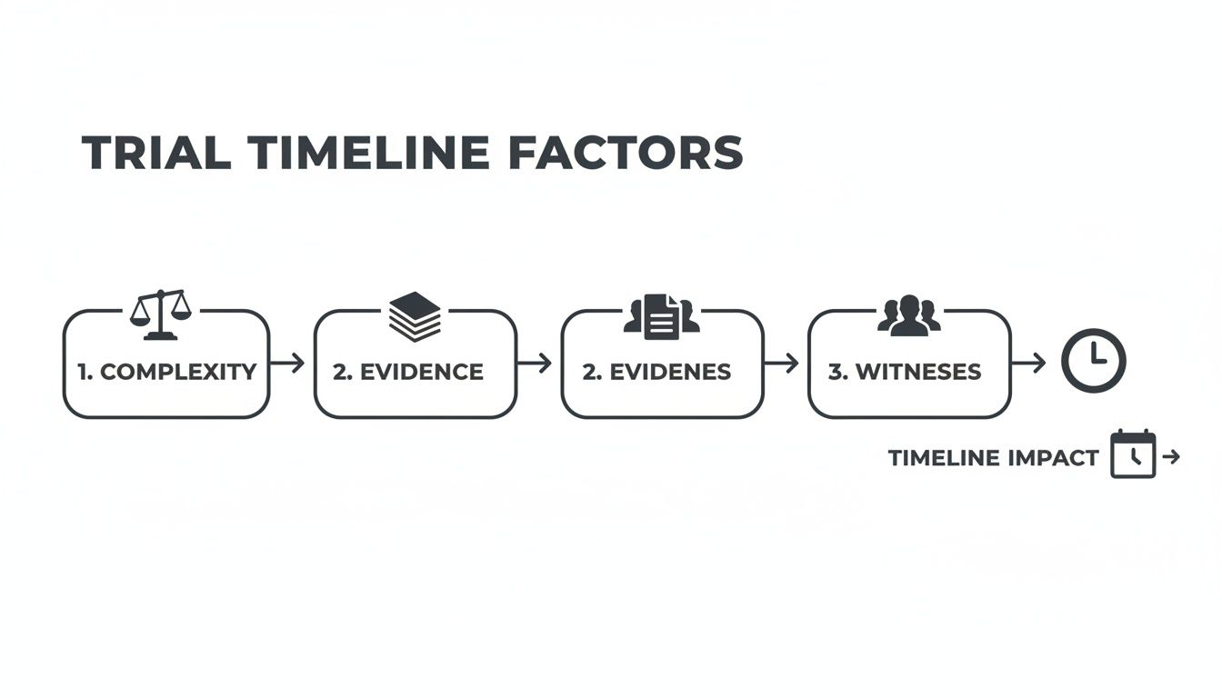 A flowchart illustrating trial timeline factors: complexity, evidence, documents, and witnesses, impacting the overall duration.