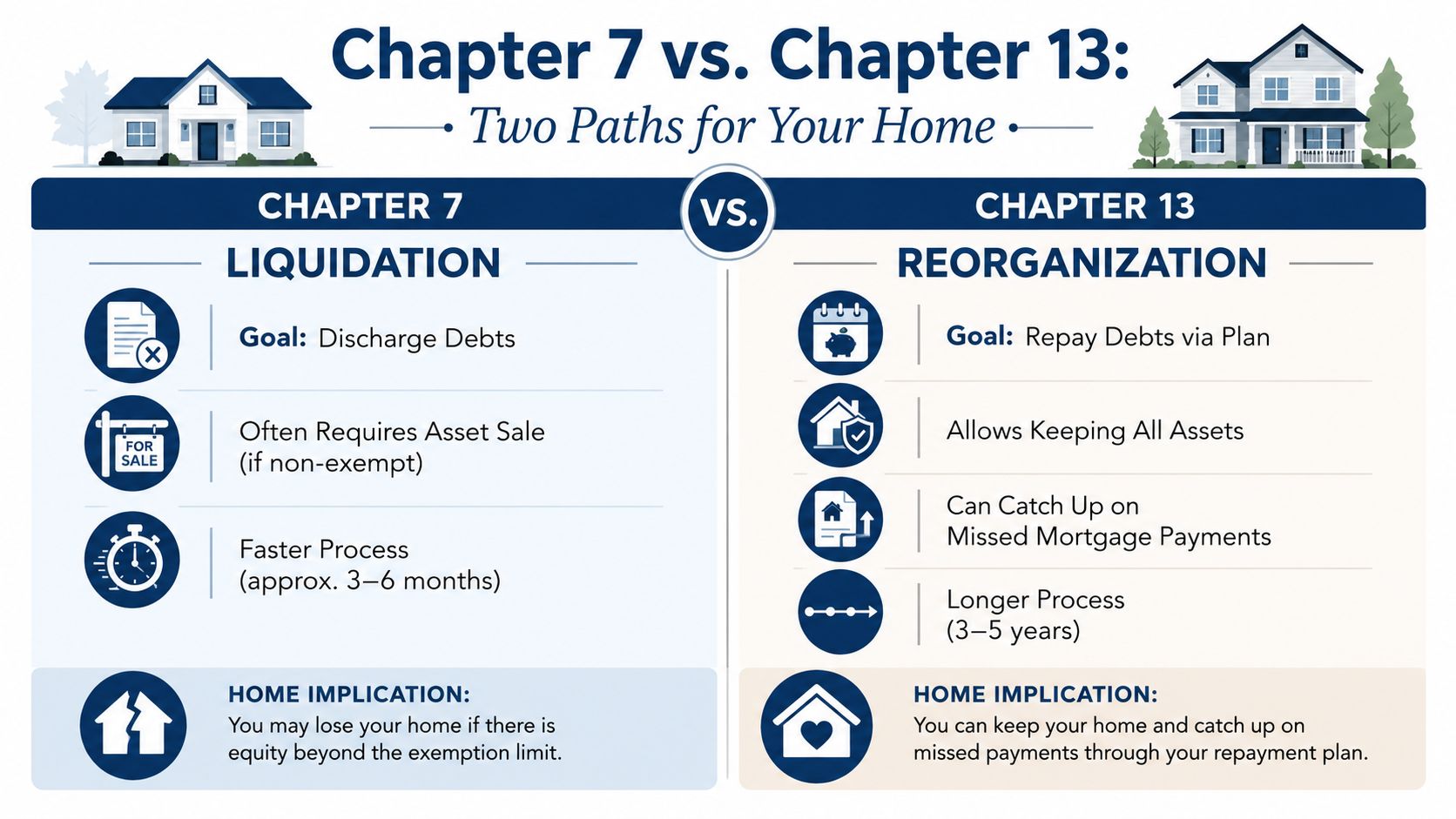 A comparison infographic detailing how Chapter 7 liquidation and Chapter 13 reorganization bankruptcy affect home ownership status.