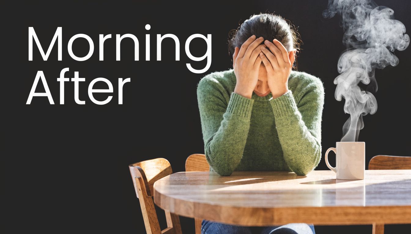 A person sitting at a wooden table with their head in their hands next to a steaming mug.