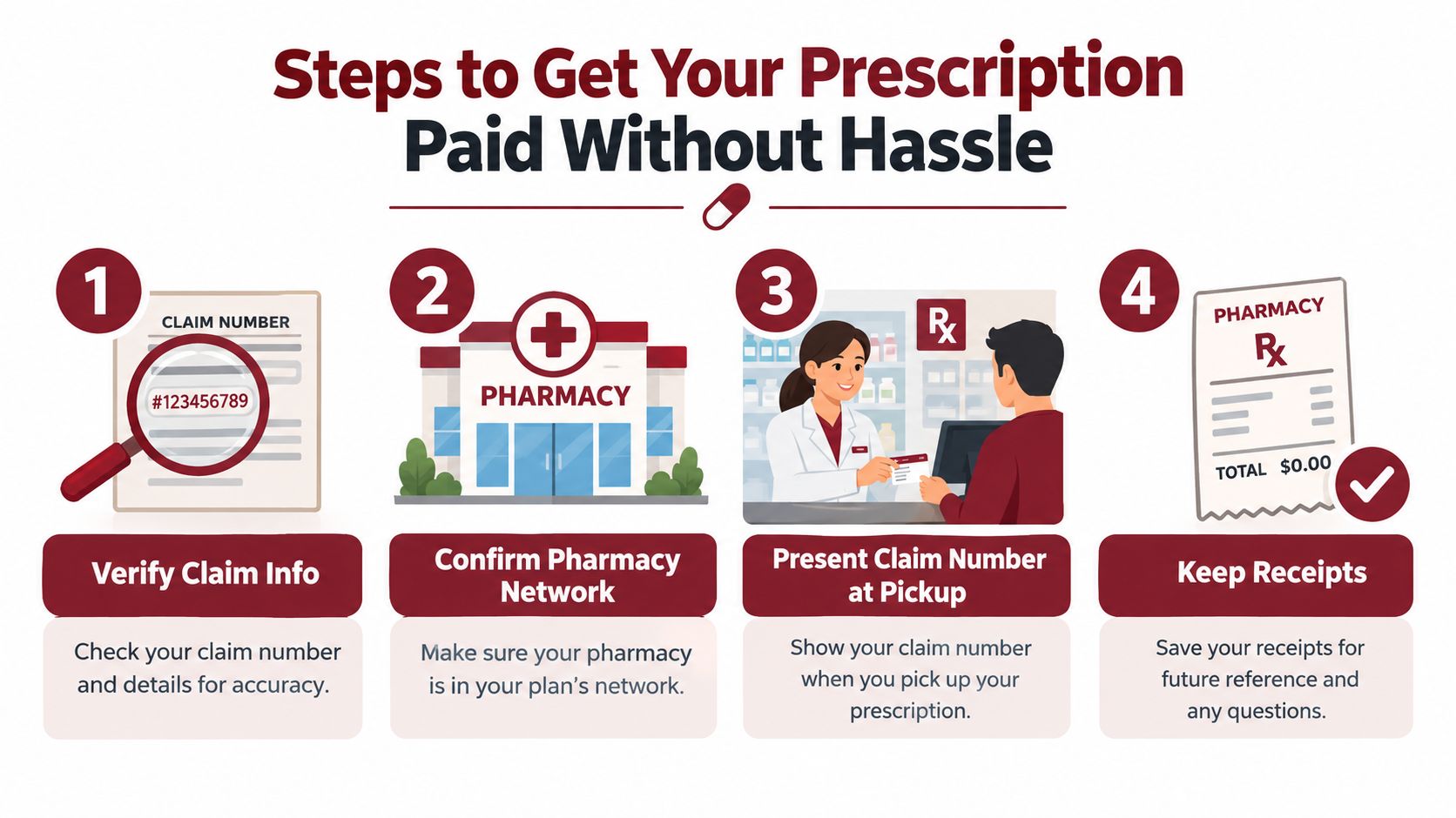 A four-step infographic illustrating how to get your prescription paid for without hassle using your pharmacy benefits.