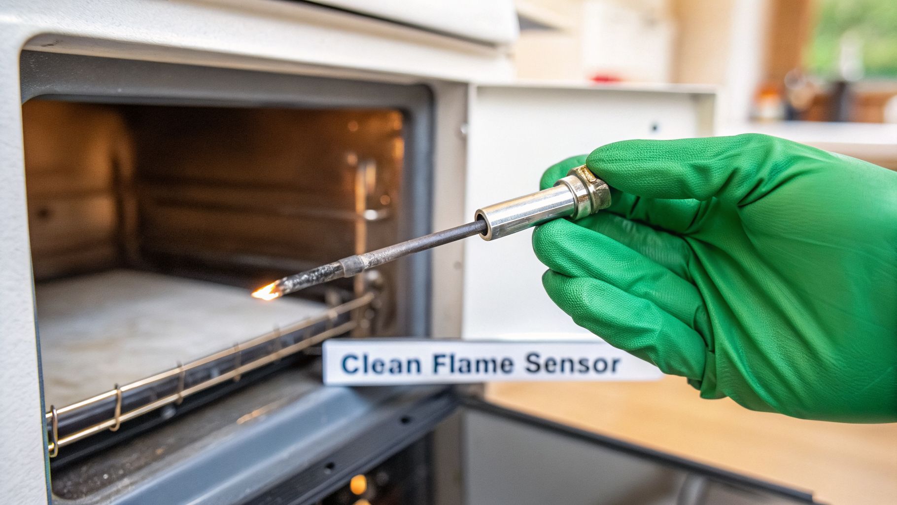 A gloved hand holds a lit flame sensor near an open furnace, highlighting the ignition.
