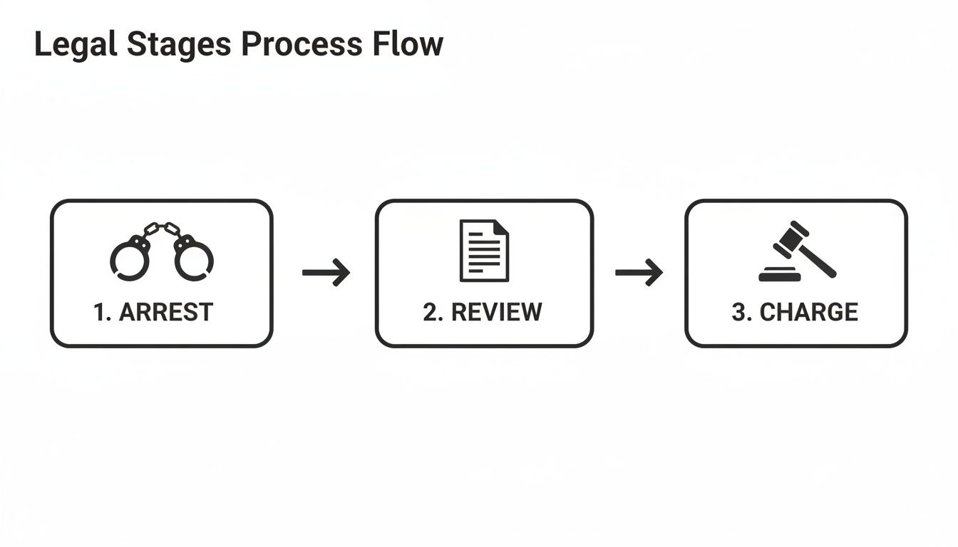 A legal process flow illustrating three stages: 1. Arrest with handcuffs, 2. Review with a document, and 3. Charge with a gavel.
