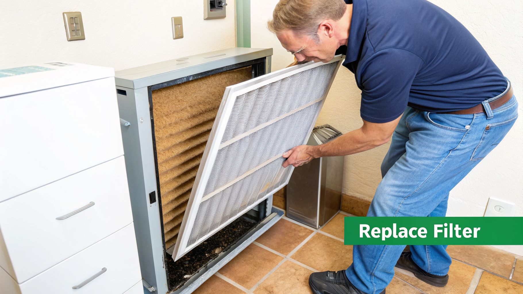 A man in blue shirt and jeans replaces a dirty air filter in a residential furnace.
