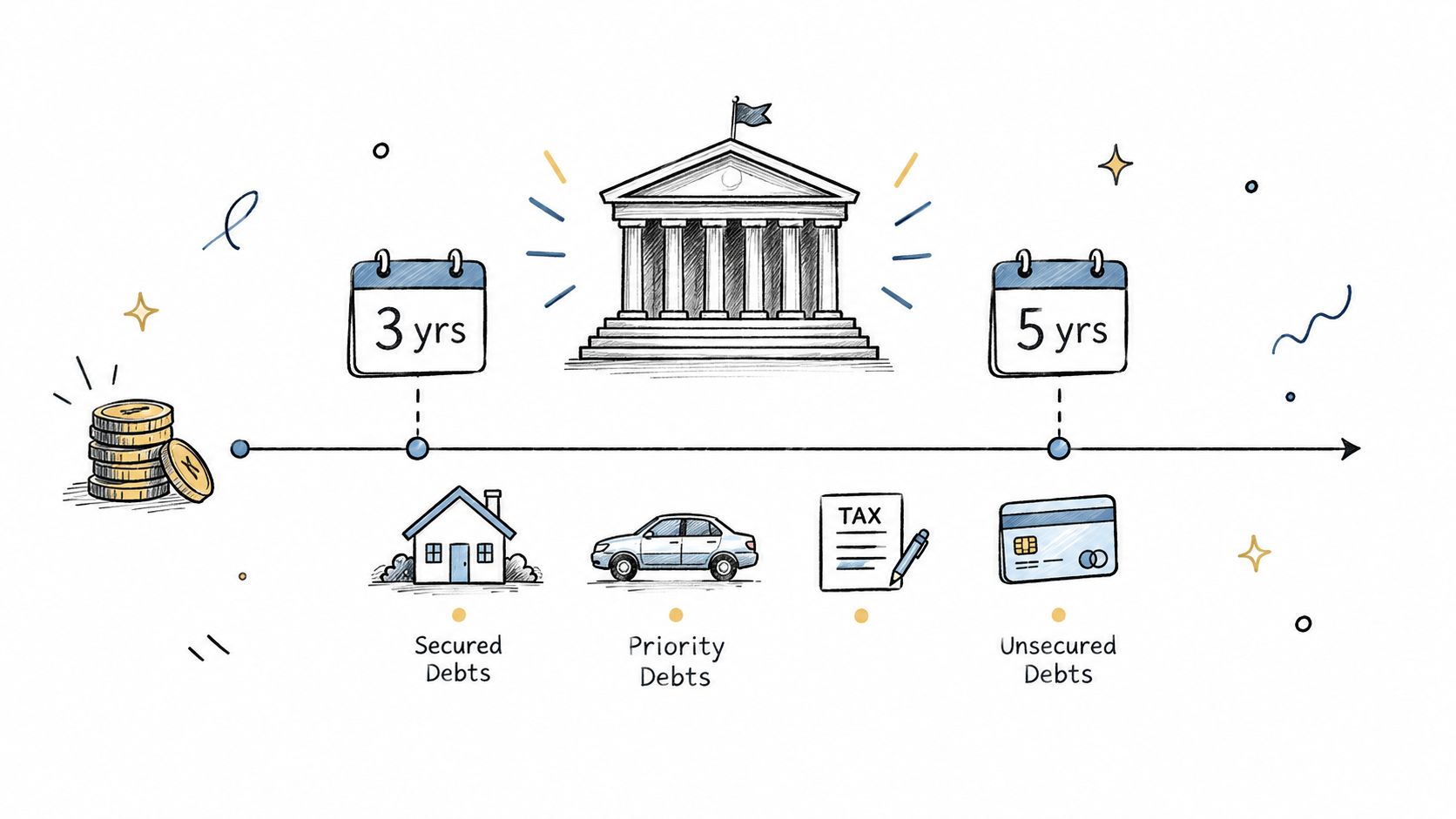 A diagram depicting a bankruptcy timeline showing 3 and 5 year plans with icons for various debt types.