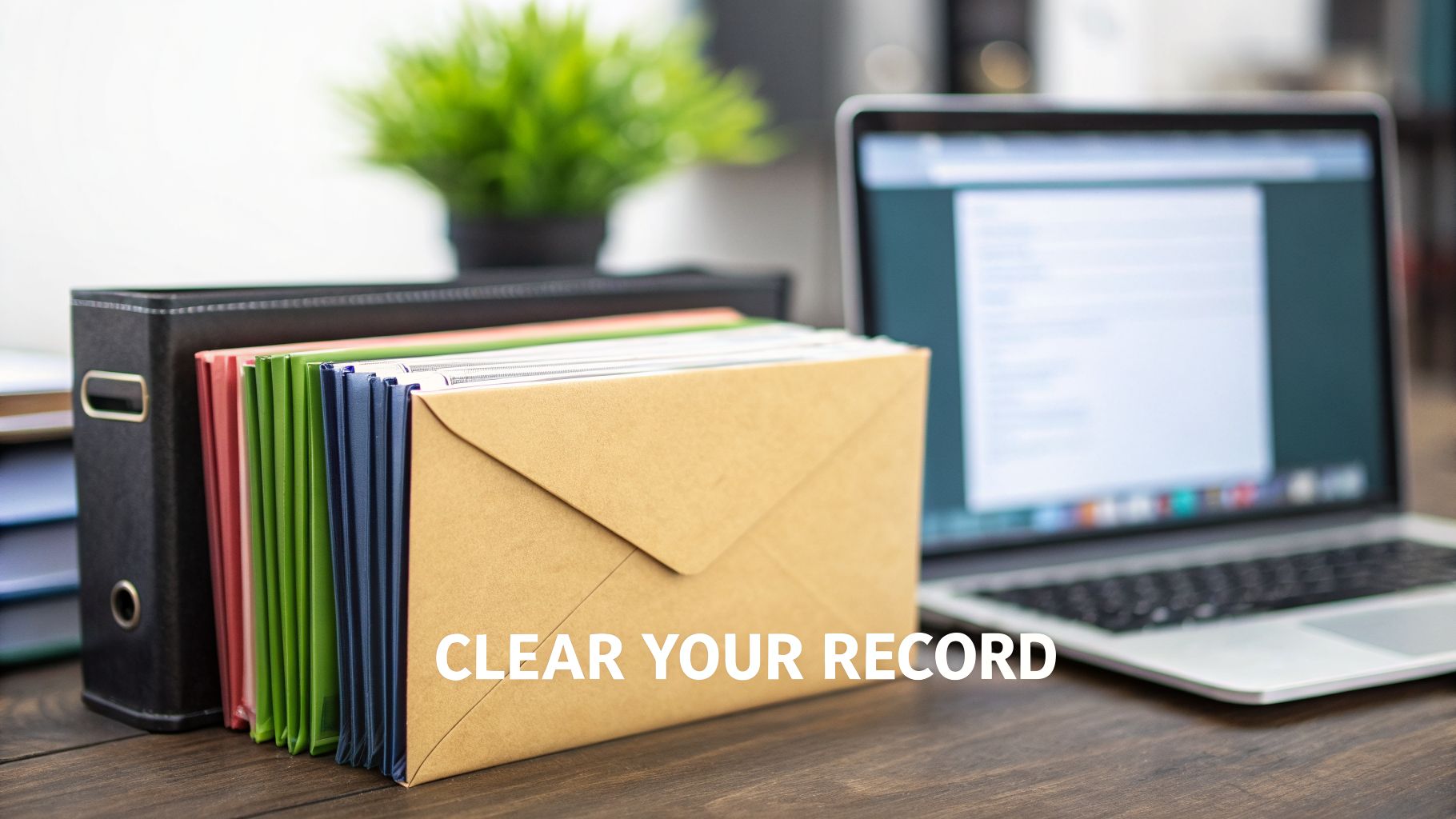 A stack of colorful file folders and documents on a wooden desk next to an open laptop.