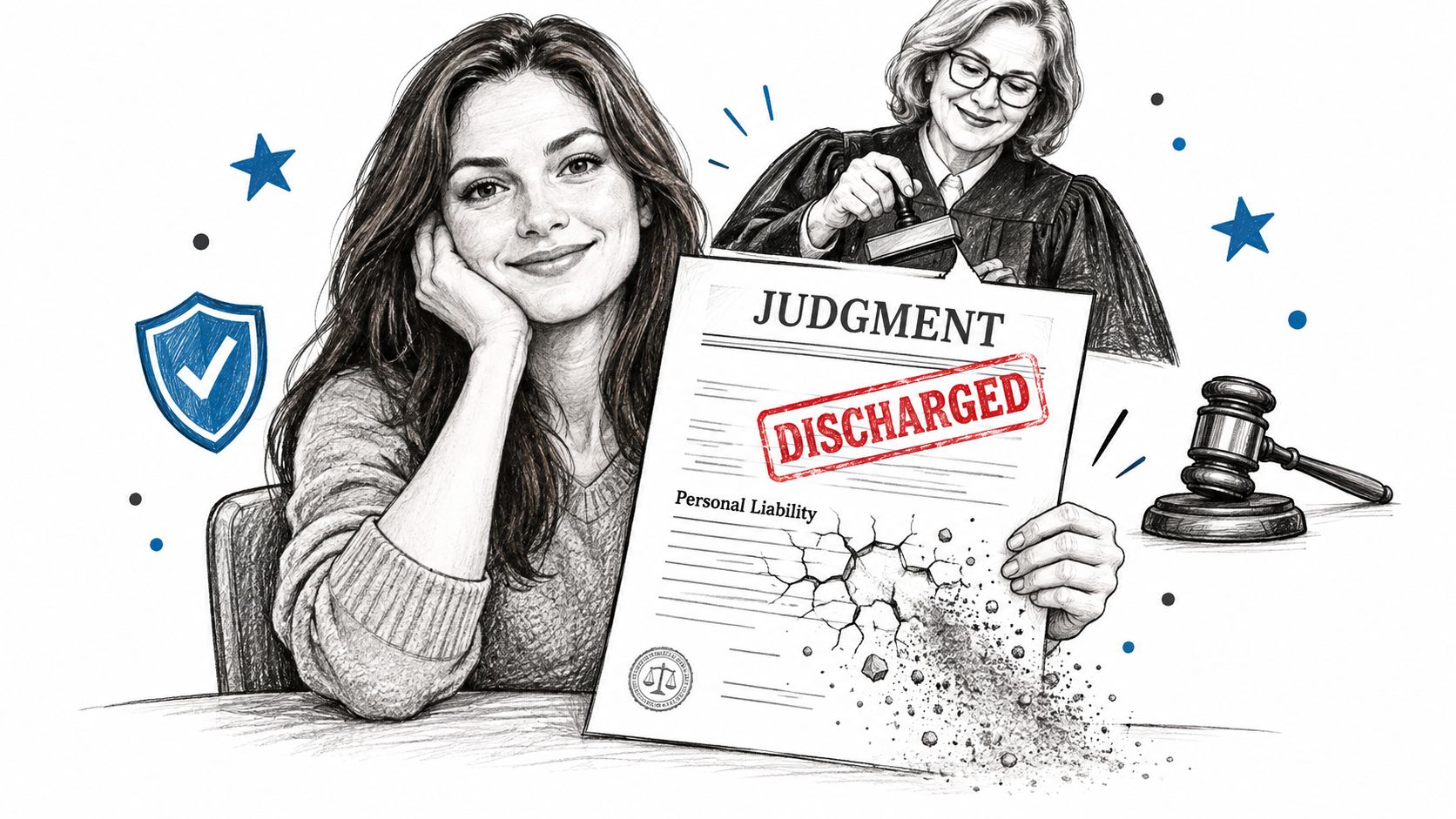A woman smiles while holding a legal judgment document that has been stamped discharged in red ink.