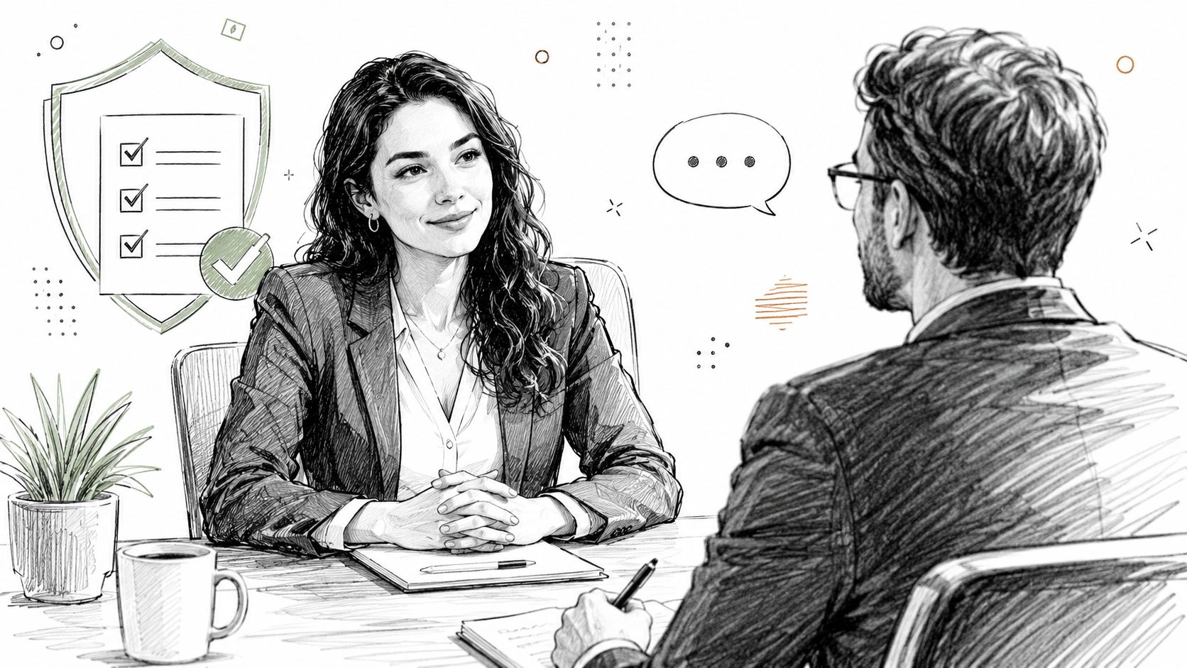 A professional woman participating in a job interview while sitting across from a male interviewer at a desk.