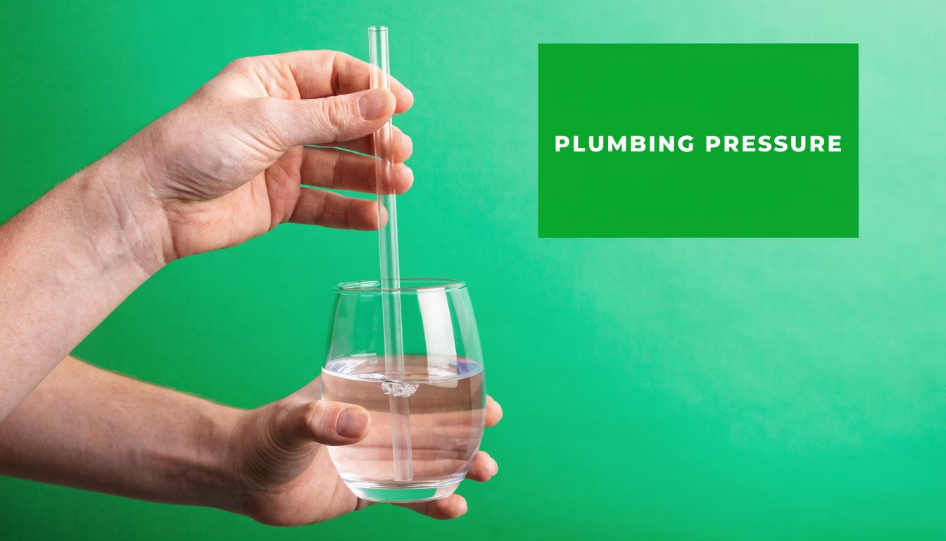 A person holding a glass of water with a straw, illustrating plumbing pressure concepts against green background.