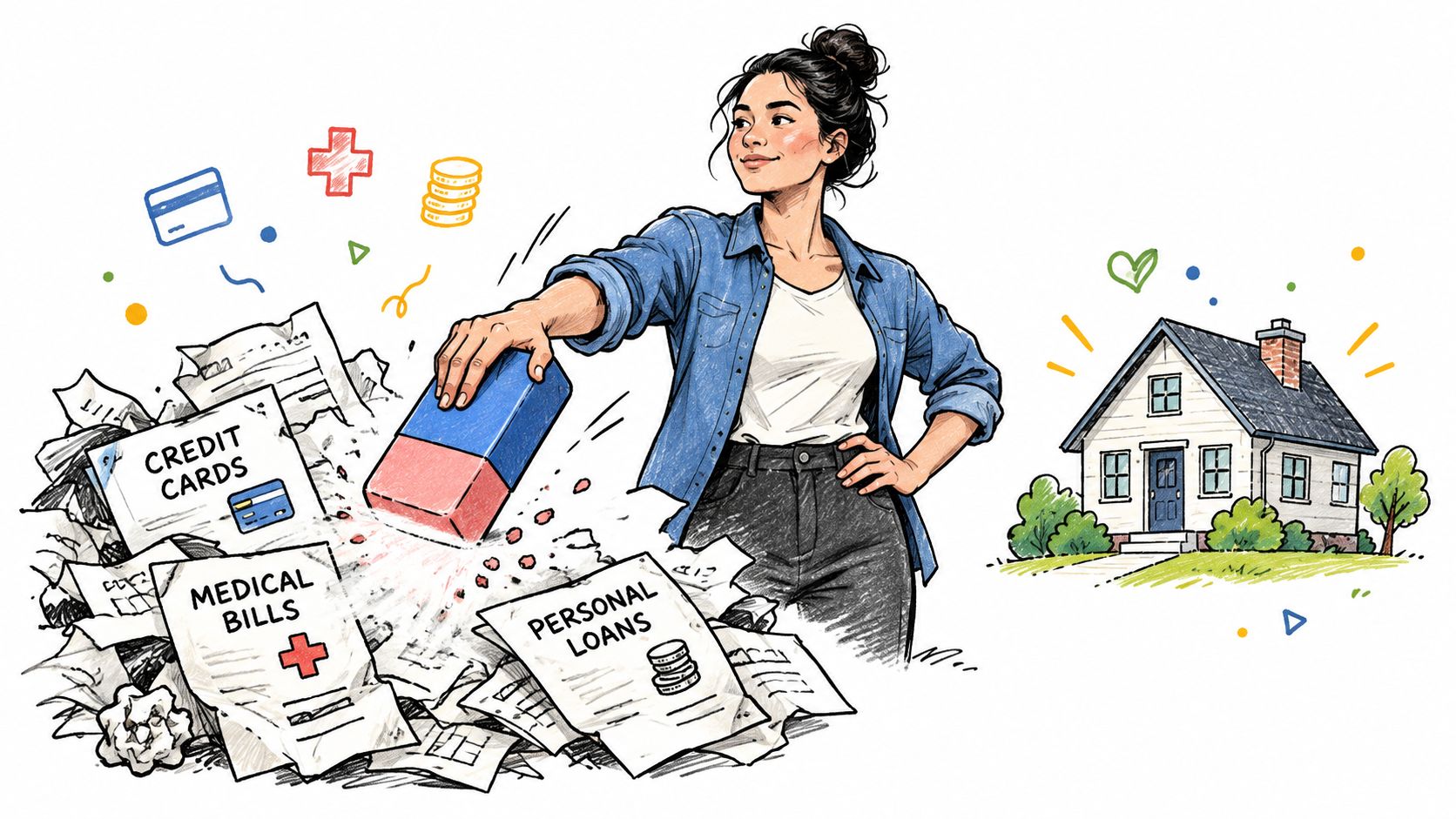 A woman using an eraser to remove paperwork labeled credit cards, medical bills, and personal loans.