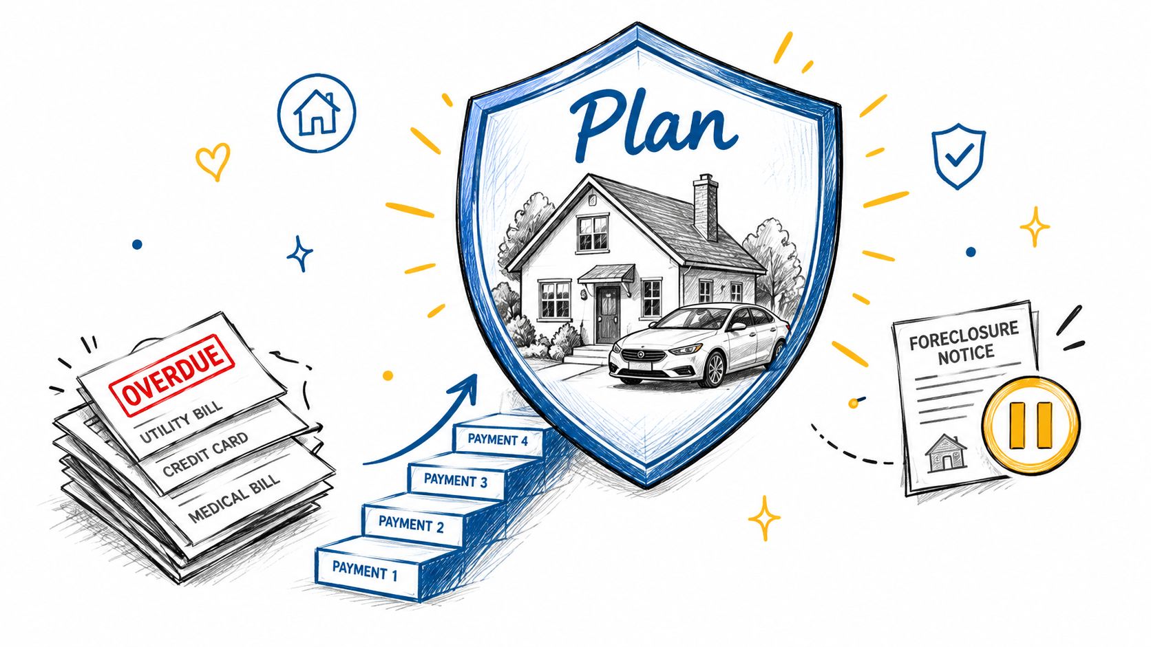 A conceptual illustration showing a debt management plan, depicting bills, staircase payments, and property foreclosure protection.