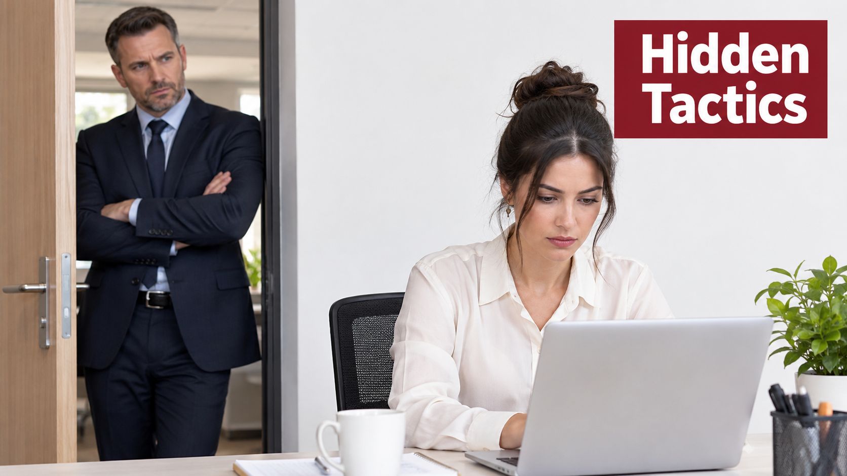 A concerned office worker uses her laptop while a supervisor stands in the doorway watching her closely.