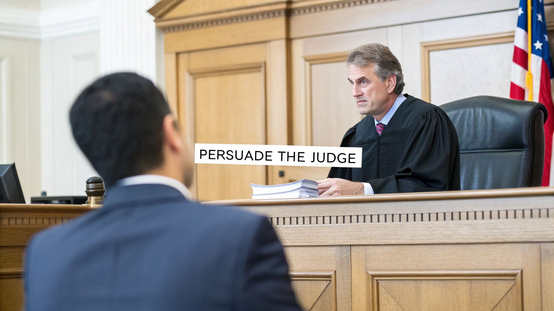 A judge listens intently to a lawyer in a courtroom, with text 'PERSUADE THE JUDGE'.