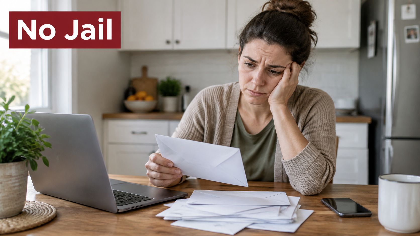 A concerned woman sitting at a desk with a laptop and a pile of letters at home.