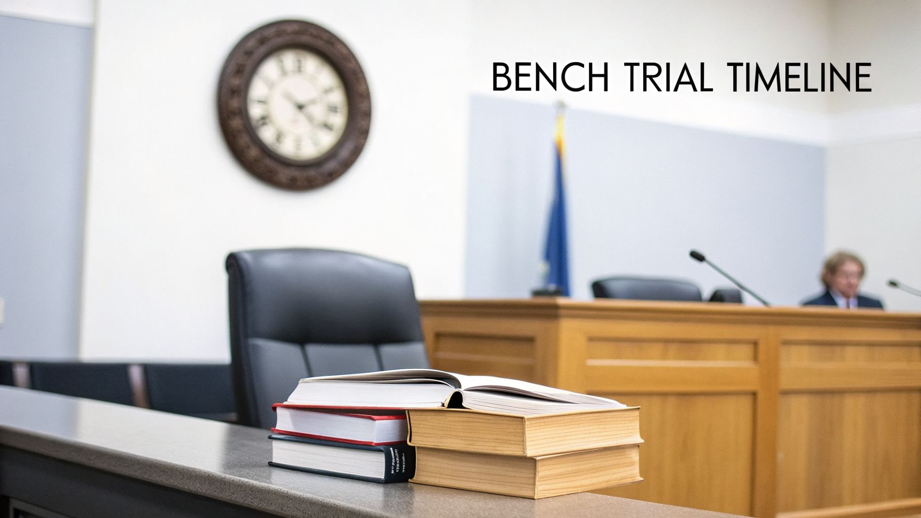 Law books on a courtroom table with a judge and a clock in the background, titled 'BENCH TRIAL TIMELINE'.