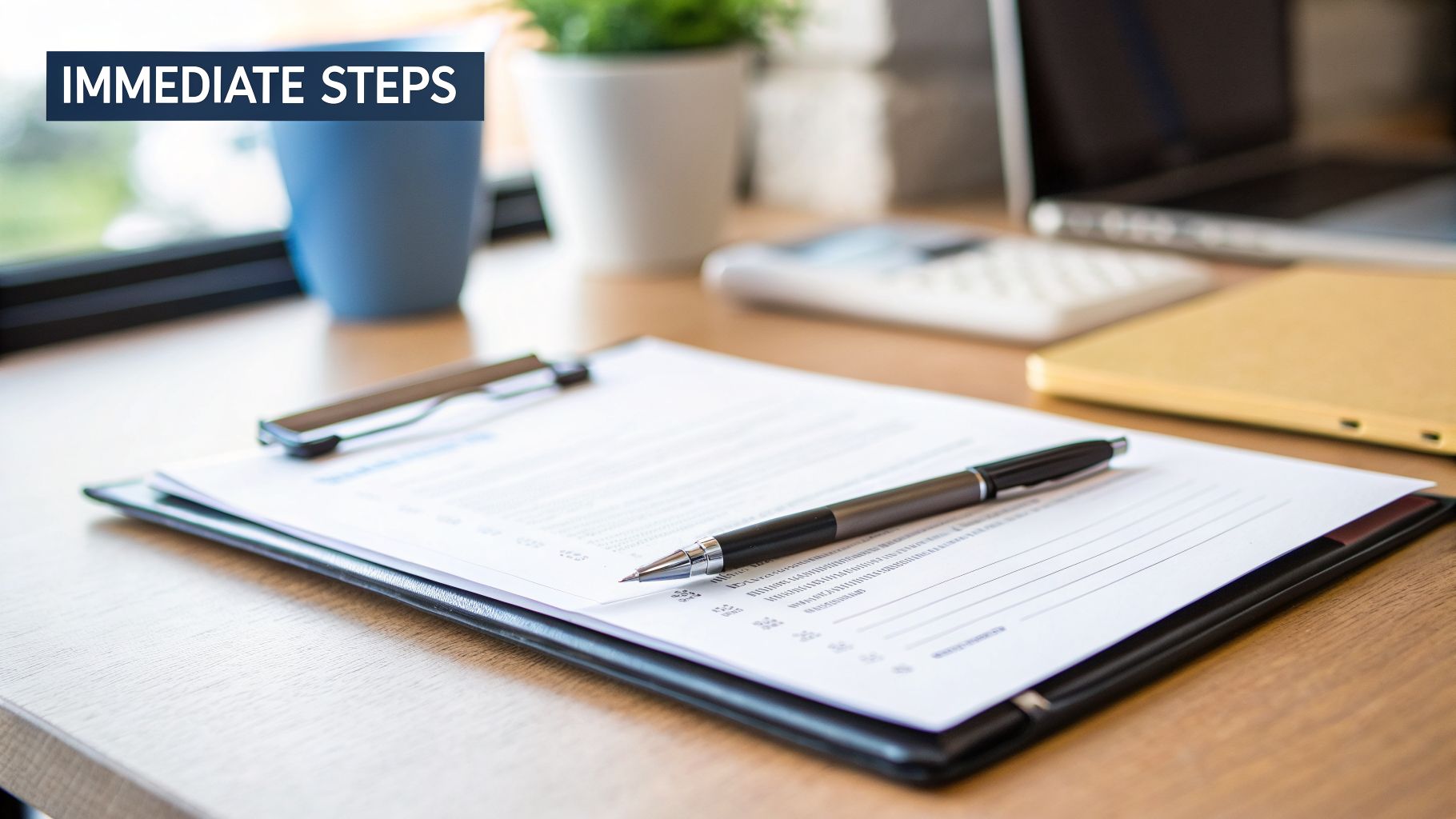 A desk with a clipboard, pen, and papers, with a banner stating 'IMMEDIATE STEPS'.