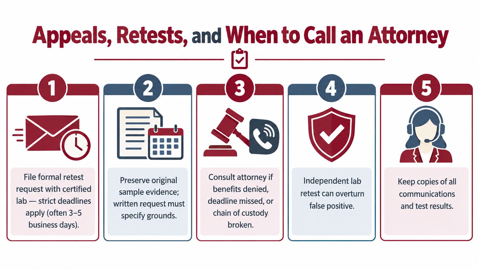 A five-step infographic showing procedures for appeals, retests, and when to consult an attorney regarding testing.