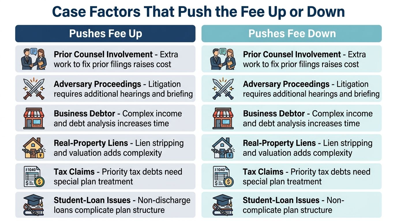 A chart illustrating various legal case factors that can cause bankruptcy attorney fees to increase or decrease.
