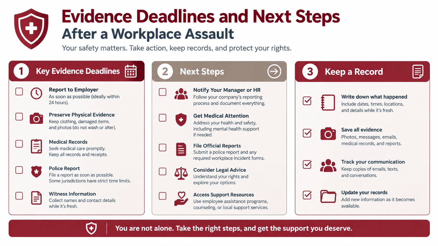 An infographic titled Evidence Deadlines and Next Steps after a workplace assault, outlining safety and legal procedures.