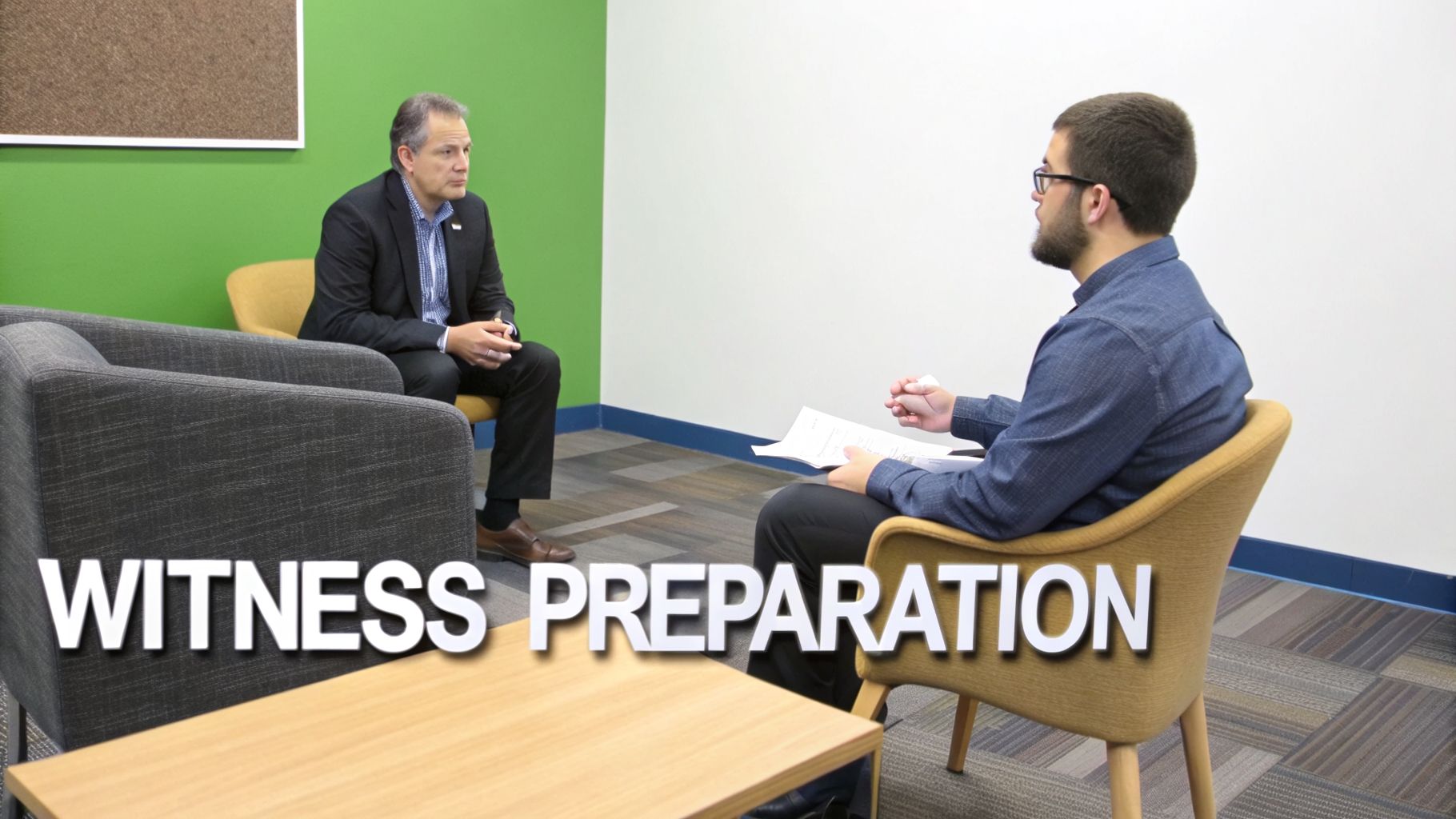 Two men in an office sit across from each other, one holding papers for witness preparation.