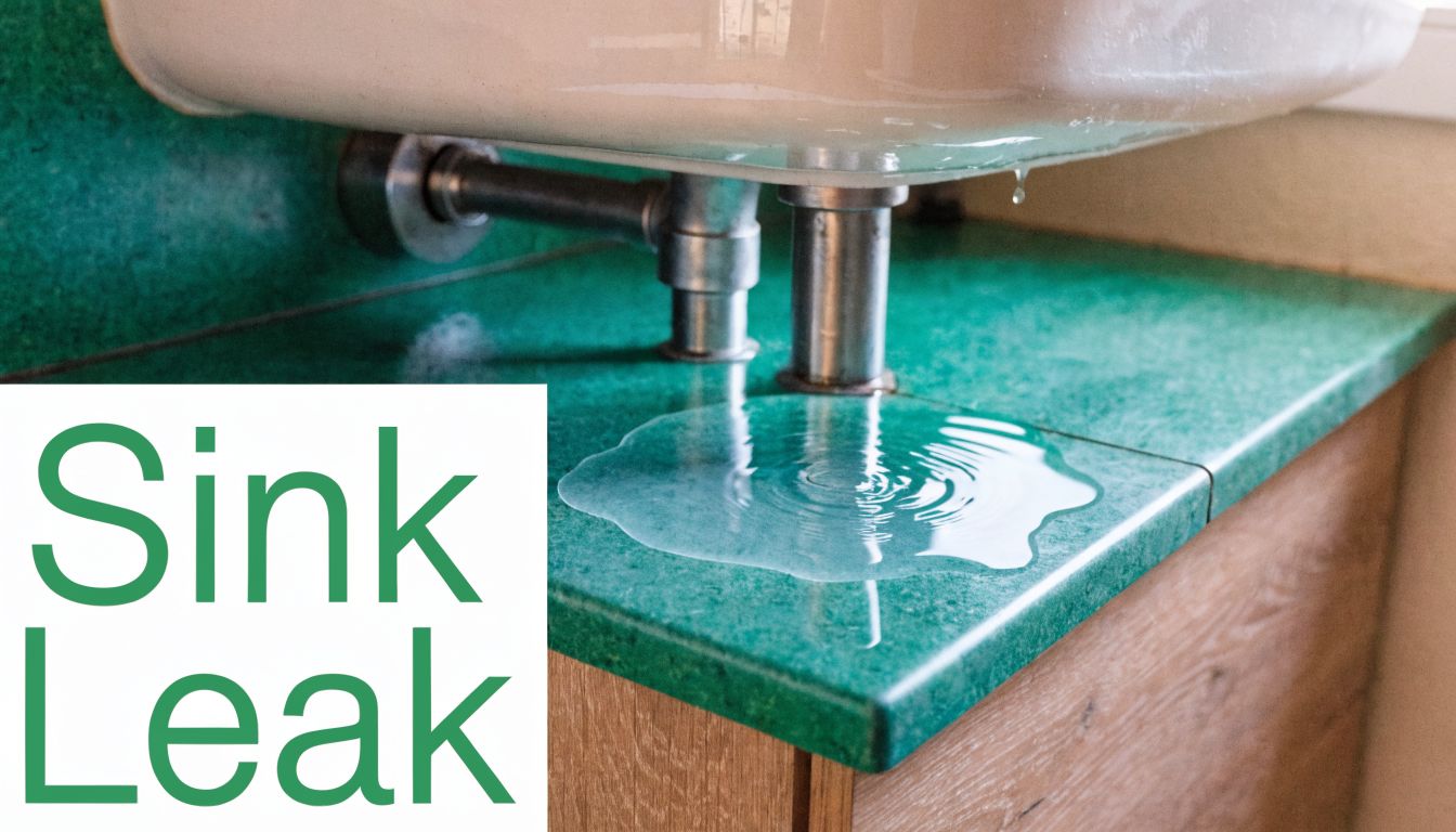 A close-up view of a bathroom sink with water leaking onto the green vanity countertop surface.