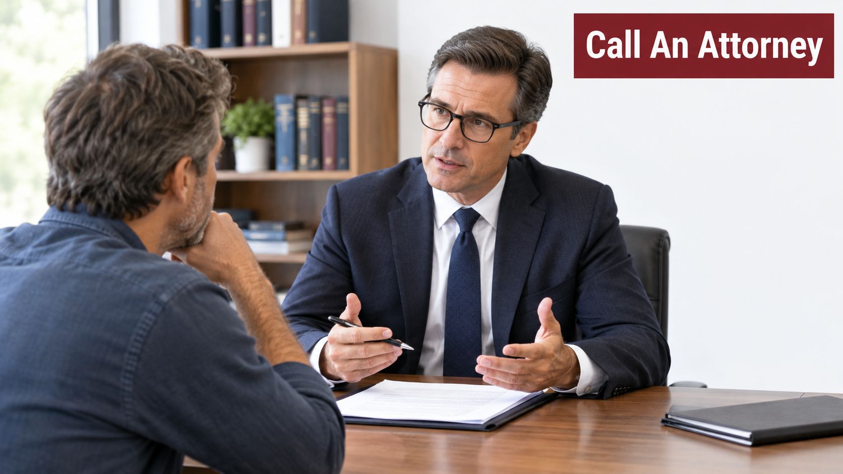 A professional attorney sitting at a wooden desk, having a serious consultation with a male client.