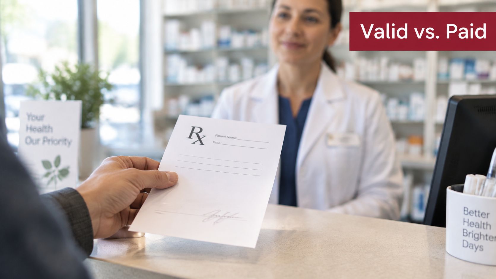 A patient hands a prescription to a pharmacist at a pharmacy counter for medication fulfillment services.