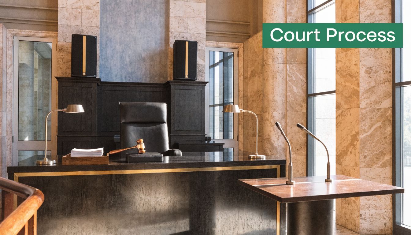 An empty judge's bench with a wooden gavel, papers, and microphones in a modern courtroom setting.