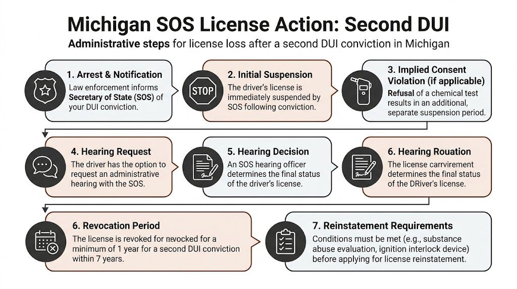 A flow chart illustrating the administrative steps for license loss following a second DUI conviction in Michigan.