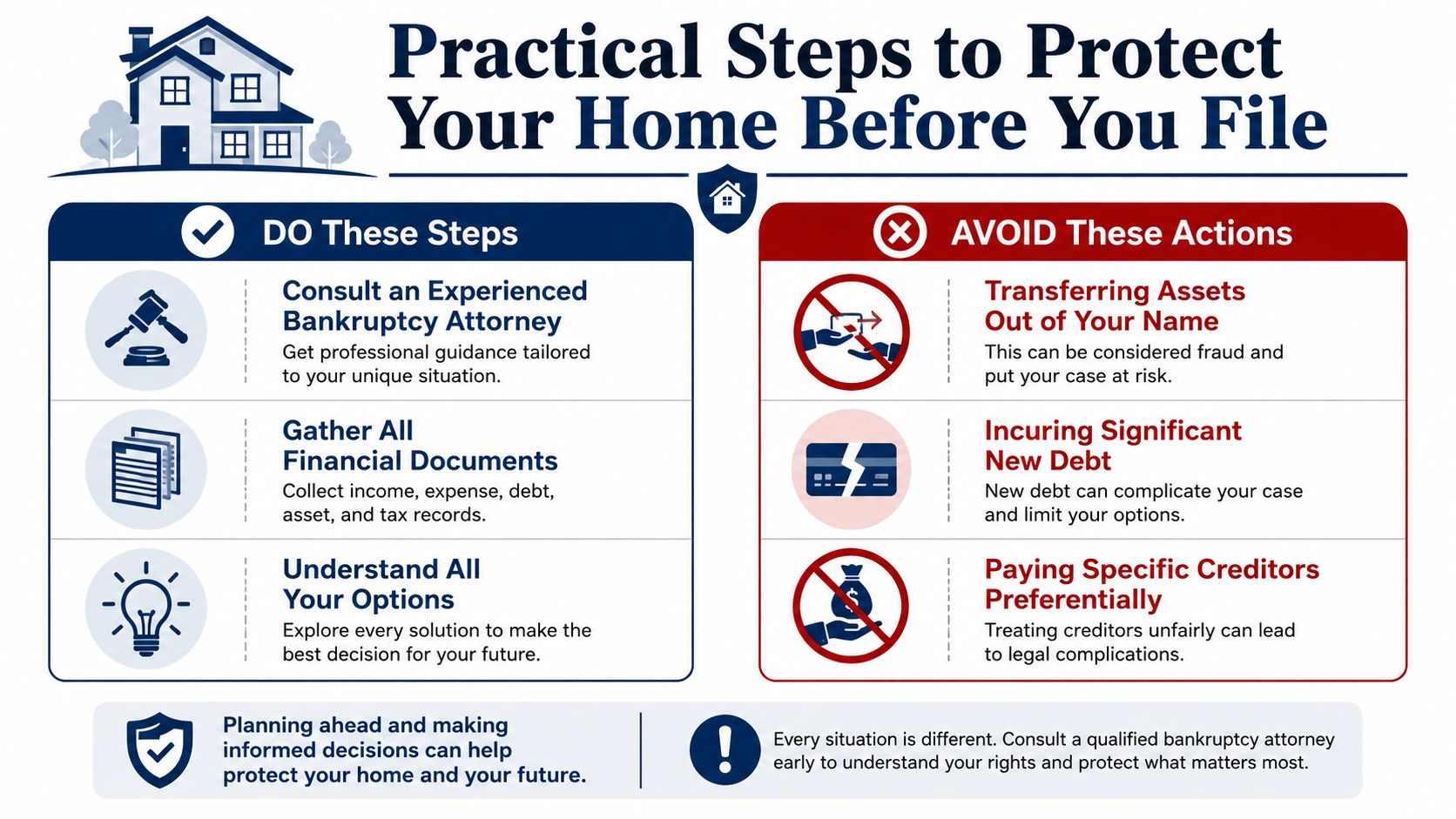 An infographic titled Practical Steps to Protect Your Home Before You File with advice on bankruptcy.