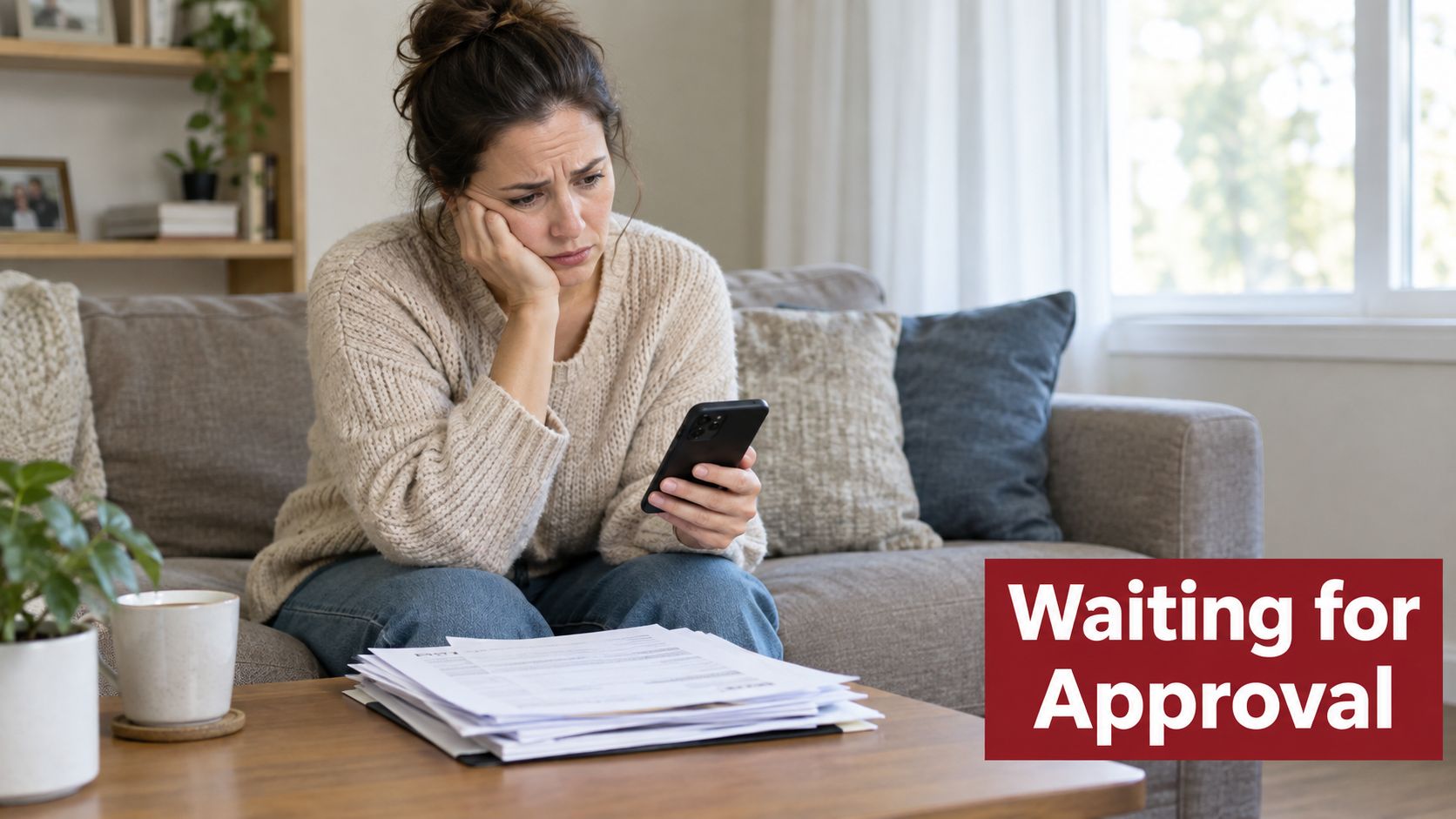 A concerned woman sitting on a couch, holding her phone while looking at a stack of documents.